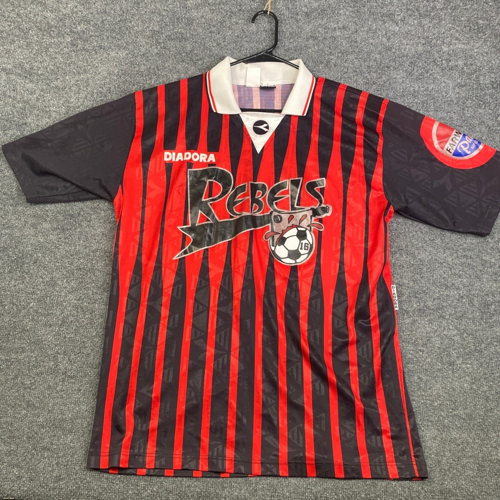 Vintage Diadora Rebels Soccer Jersey Mens XXL Red Black Striped Y2K